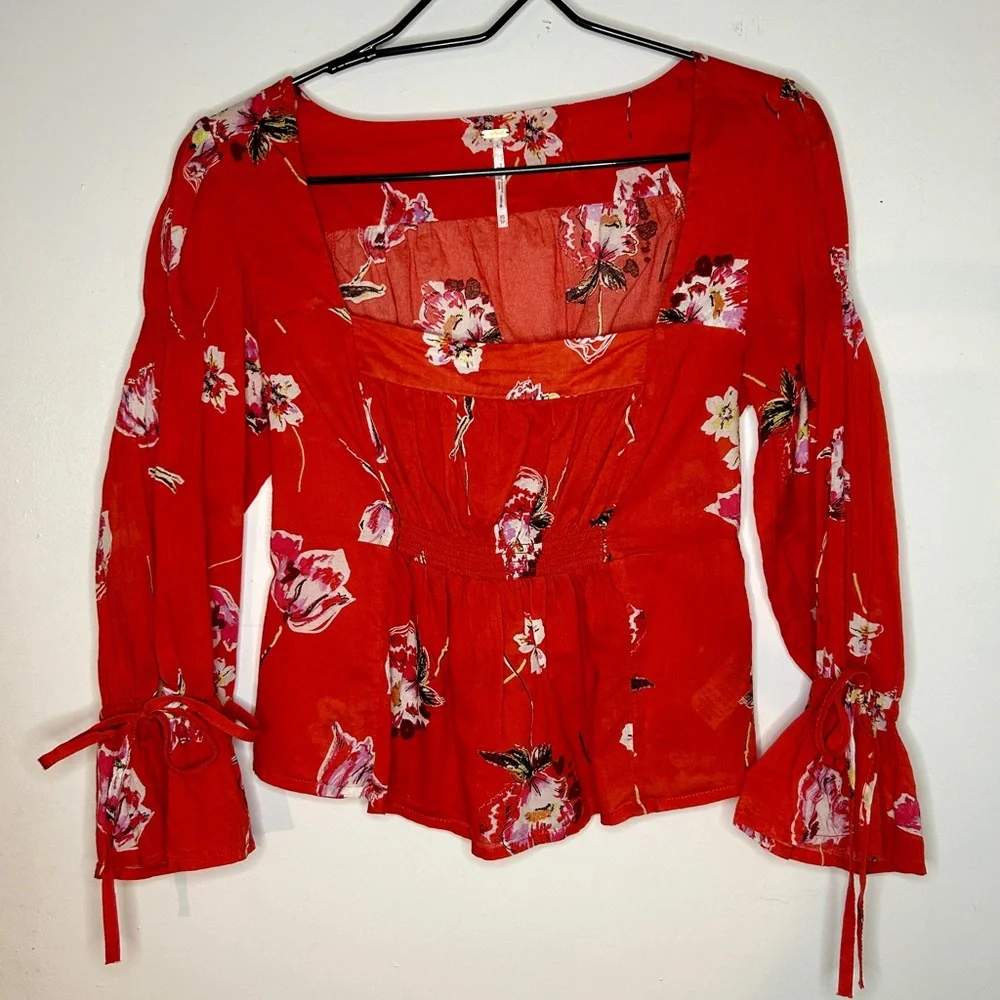Free People Cherish the Light Red Floral Top Size XS - Picture 3 of 9